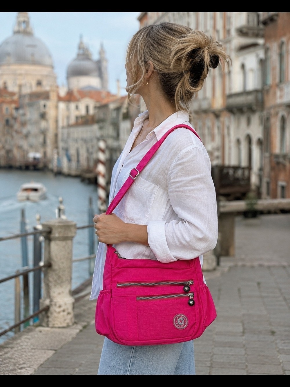 Talida Pink Nylon Crossbody Bag Crinkle Multi Pocket Messenger Travel Purse